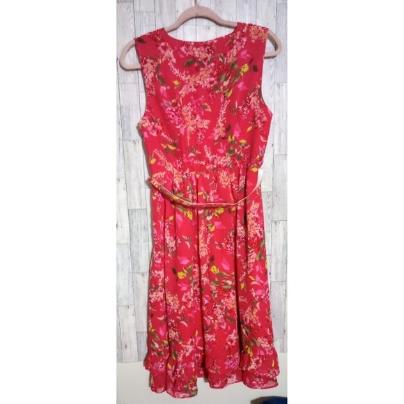 George Dress By Mark Eisen Floral Spring Pink Flirty Ruffle Lined Belted Size 10 - Picture 2 of 4